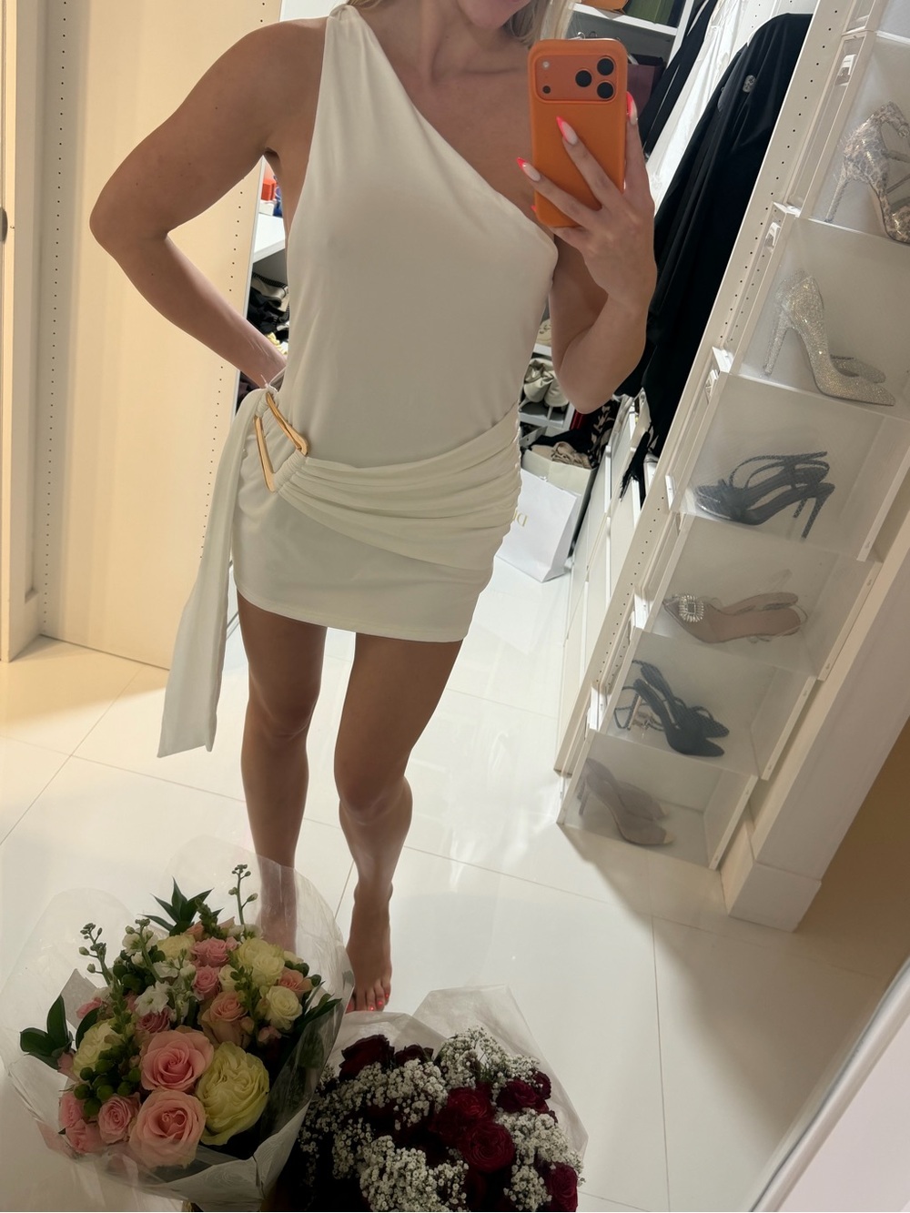 Women’s One-Shoulder Cream Mini Dress with Drape Detail